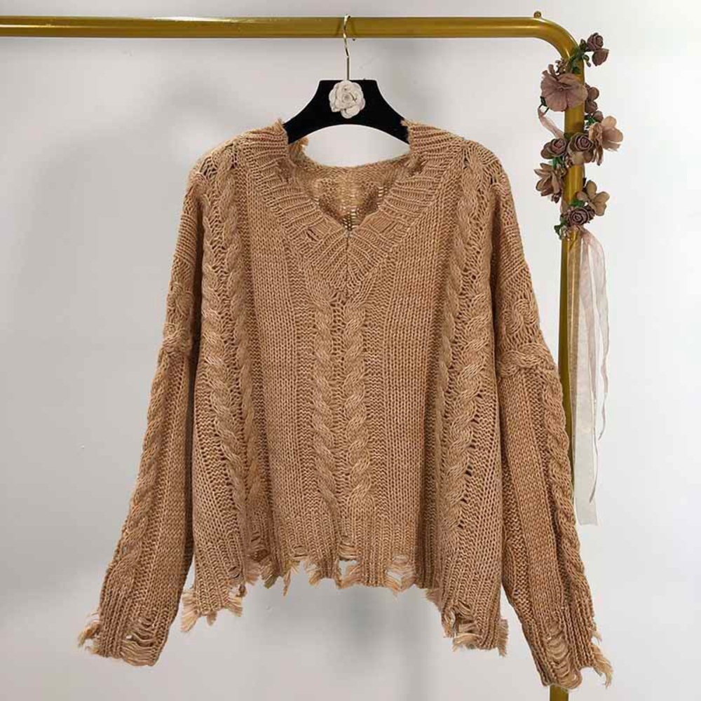 Women Pullover Long Sleeve V Neck Knit Sweater